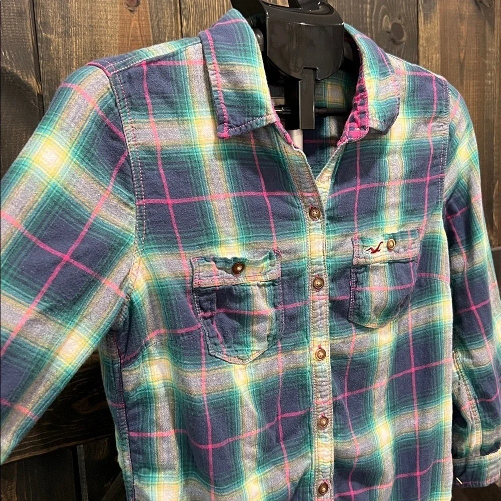 Hollister Teal Plaid Flannel Peplum Top L Babydoll Button Tie‎ Hem Coquette Y2K